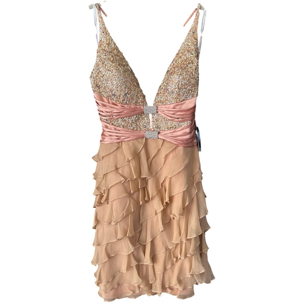 Terani Couture Peach and Pink Beaded Ruffle Cocktail Mini Dress